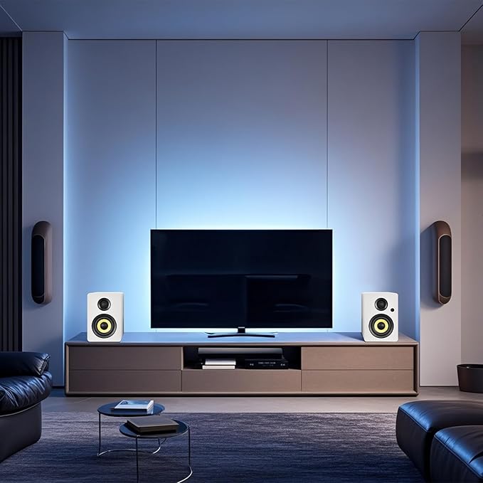 SW206 4” HiFi Bookshelf Speakers with Studio Mode, 80W Active, Bluetooth 5.4/Optical/Coaxial/TRS/Aux/24bit DAC USB, for Turntable TV PC Desktop, MDF Cabinet, Remote Control, White