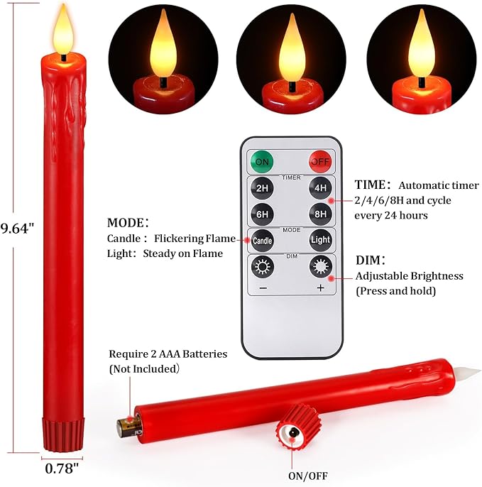OCATO Flameless Candles with Remote Timer: 8 Pcs Battery Operated Window Candles 9.6" Real Wax LED Flickering Flameless Taper Candles 3D Wick Lights Halloween Christmas Wedding Party Decorations Red