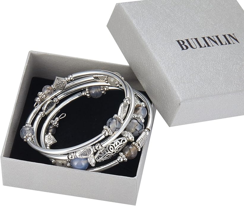 BULINLIN Layered Wrap Bangle Turquoise Bracelet - Bead Bracelet with Natural Agate Stone, Gifts For Women
