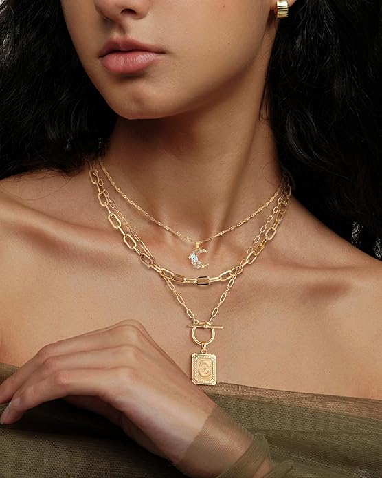 MJartoria Layered Initial Necklaces for Women Trendy, 14K Gold Plated Brass Simple Moon Choker Square Letter Pendant Necklace, Paperclip Chain Necklaces Jewelry Gifts