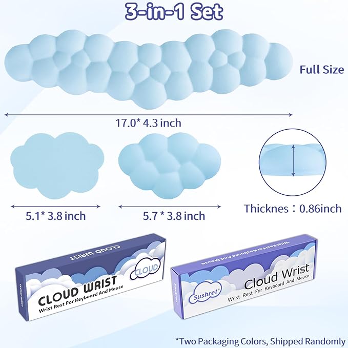 Cloud Wrist Rest for Keyboard and Mouse, Memory Foam PU Leather Keyboard Wrist Rest with Ergonomic Support, Non-Slip Base, Cute Arm Rest Pad & Palm Cushion, Office Desk Accessory, Blue