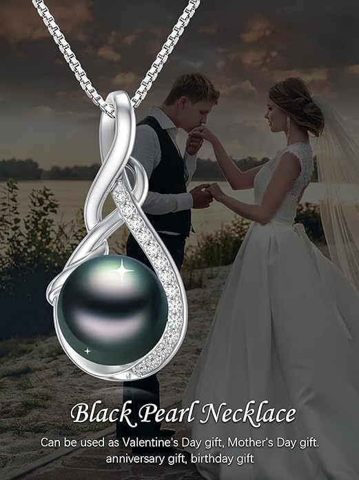 Tahitian Black Pearl 18K White Gold Plated Sterling Silver Heart/Infinity/Four Leaf Clover Pendant Necklace Jewelry Gifts for Women Wife Mom Girlfriend Wedding Birthday Anniversary Christmas