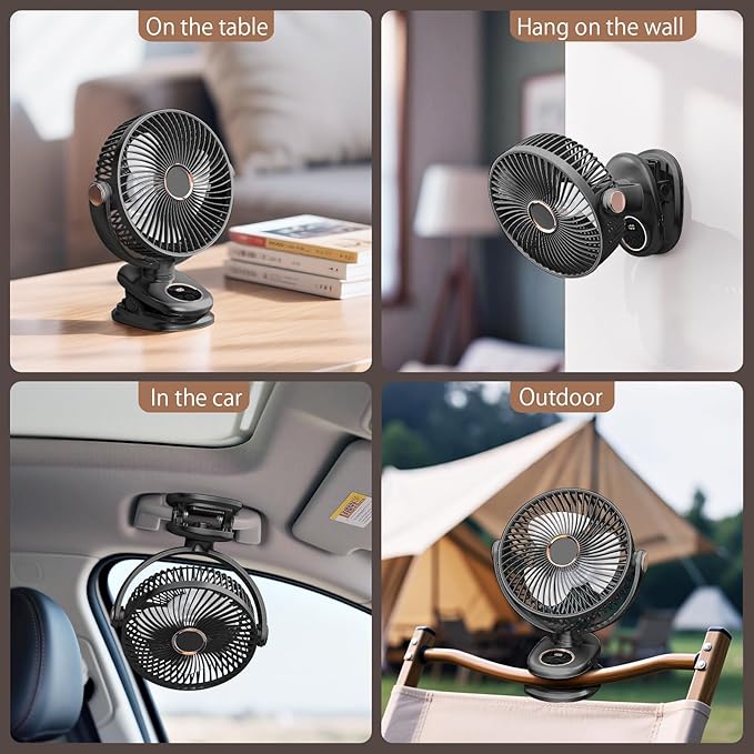 iNeibo 10000mAh Portable Clip on Fan, 90° Oscillating Fan, 8 Inch Rechargeable Battery Operated Desk Fan, Strong Airflow, 5 Speeds, Sturdy Clamp for Golf Cart Home Office Outdoor Travel (Black)