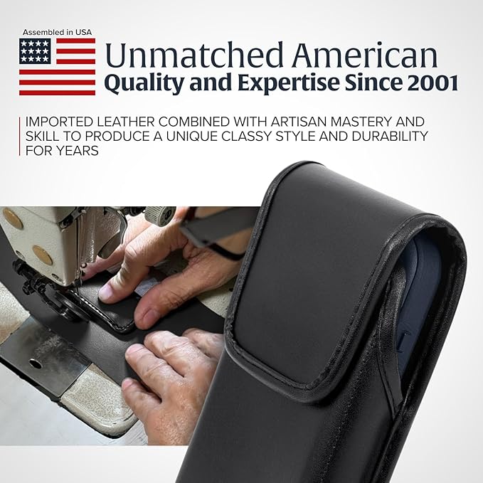 Turtleback Belt Holder for iPhone 16 Pro, 16e, 15 pro 14 Pro 13 Pro -Large- Fits w/Defender Bulky Style Cases, Premium Black Leather Vertical Holster, Magnetic Closure Leather Wrapped Belt Clip