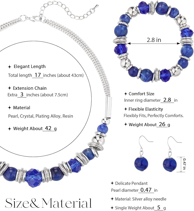 PEARL&CLUB Silver Beaded Statement Necklaces for Women Chunky Bead Necklace Bracelet and Earring Costume Jewelry Sets Gifts for Mom