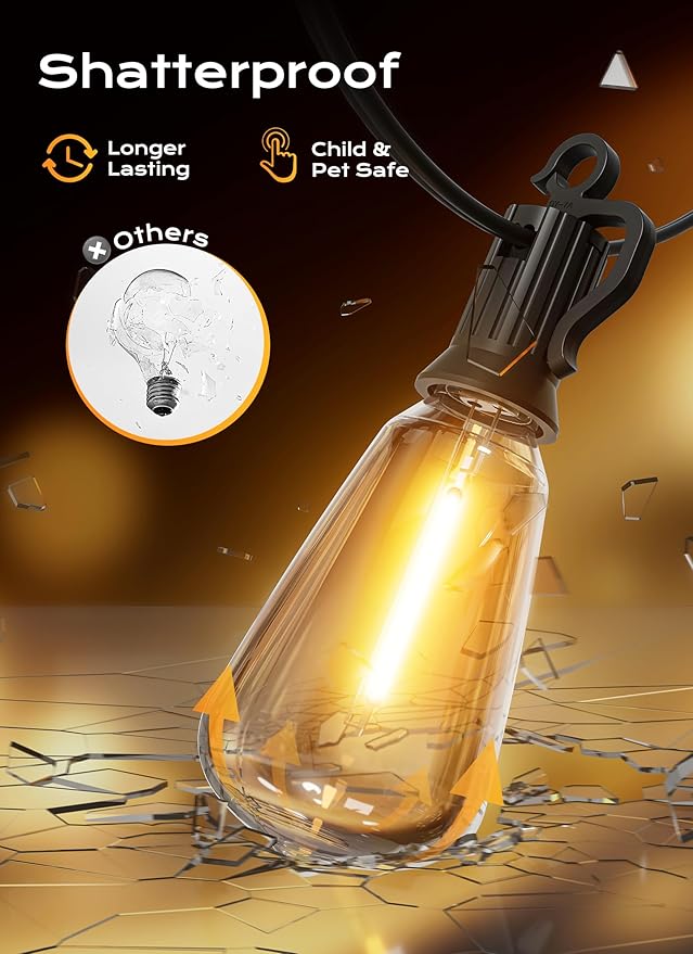 Brightown Outdoor String Lights, 30FT 11+1 LED ST38 LED Patio Lights Shatterproof, Dimmable IP65 Waterproof Connectable Hanging Outdoor Light for Backyard, Porch, Deck, Balcony