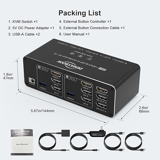 DEMEXBOOK HDMI DisplayPort KVM Switch 3 Monitors 2 Computers 8K@60Hz, 4K@144Hz,Triple Monitor KVM Switches with 4 USB 3.0 Ports, Wired Remote, USB3.0 Cables,Power Adapter Included