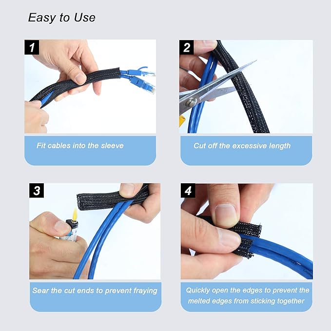 CrocSee 10ft - 3/4 inch Braided Cable Management Sleeve Cord Protector - Self-Wrapping Split Wire Loom for TV/Computer/Home Theater/Engine Bay - Black