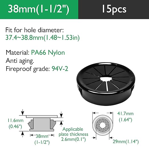 15PCS Cable Grommets, 1-1/2"(38mm) Desk Hole Cover Petal Shaped Buckle Type Nylon Snap Bushing Grommet, Wire Hole Cover Insert for Cables and Cords Management and Protection of Cabinet, Black