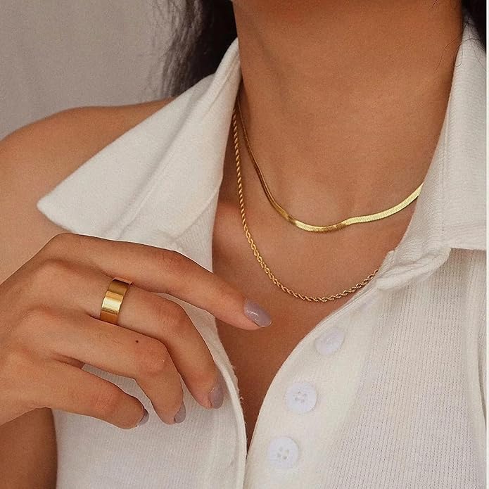 Gold Layered Necklaces for Women, 14K Gold Plated Dainty Gold Chain Choker Necklace Stack, Herringbone Gold Necklaces Set