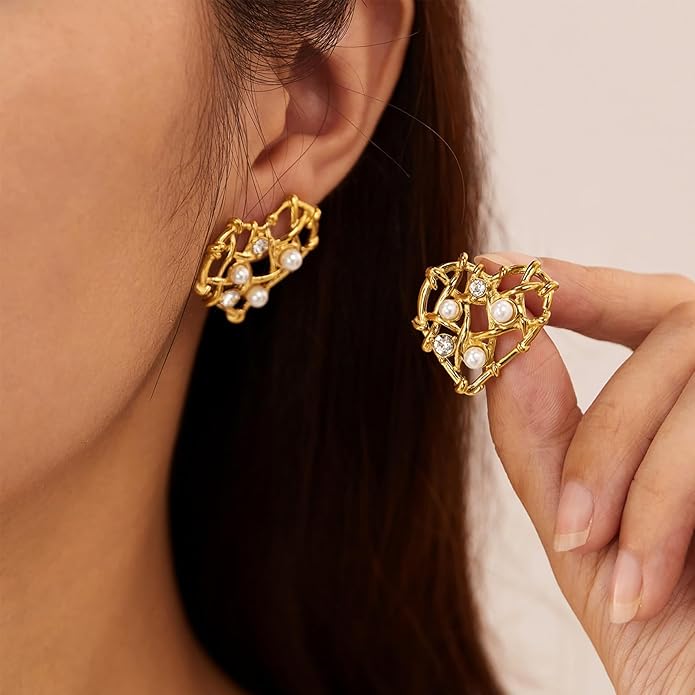 Vintage Gold Statement Stud Earrings, Stainless Steel Chunky Drop Dangle Thick Earrings, Geometric Design with Pearl Accents, Textured Sun Round Heart Pattern for Women
