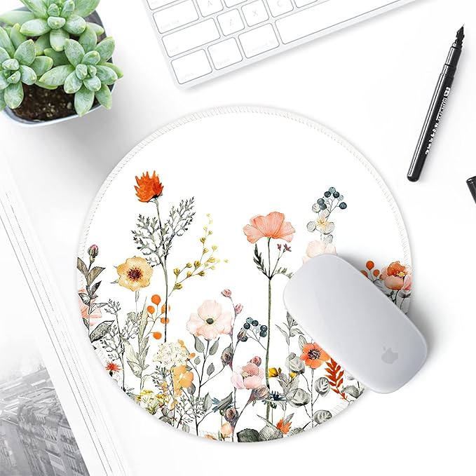 ITNRSIIET Round Mouse Pad with Stitched Edge Premium-Textured Waterproof Non-Slip Rubber Base Desktop Protection Mat Diameter 8.7 inches, Wildflowers