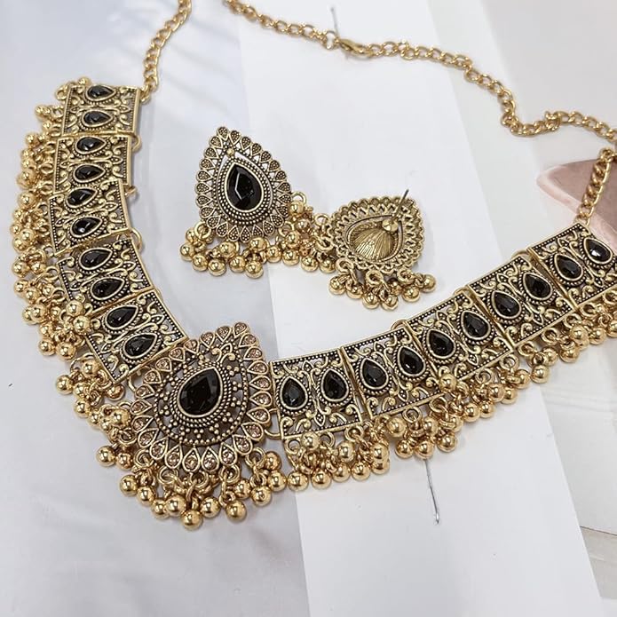 Indian Wedding Bridal Traditional Bohemian Jewellery Set for Women Girls Antique Oxidized Ethnic Party Prom Wear Statement Necklace Earring Tassel Bollywood Choker Punk Crystal Fashion Gift for Bride