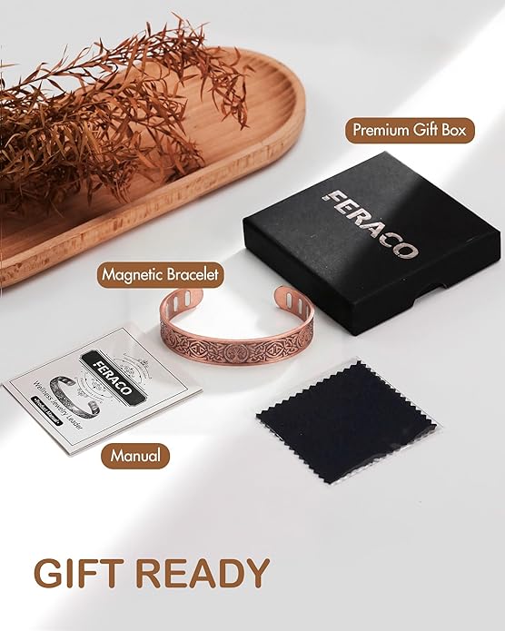 Feraco Copper Bracelet for Men, 5X Ultra Strength Magnetic Cuff Bangle with 5000 Gauss Neodymium Magnets, 99.99% Pure Copper Jewelry Gift, Adjustable