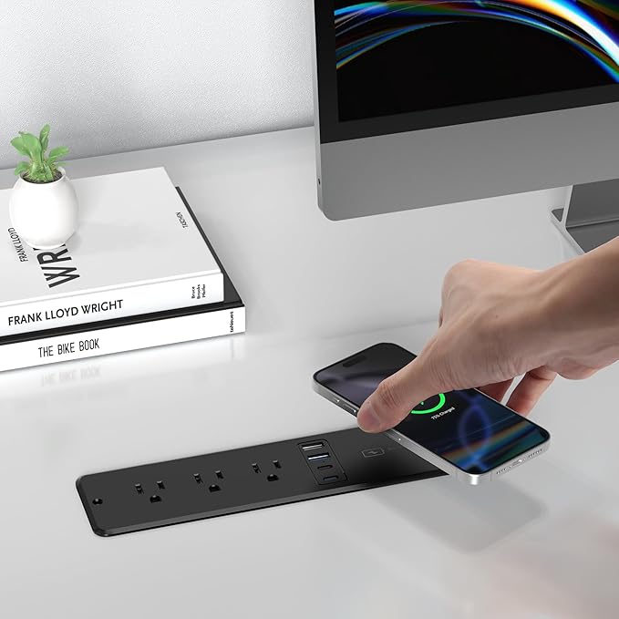 8 in 1 Recessed Power Strip with 15W Wireless Charger, 20W Fast Charging Furniture Outlet, Plug in 3 AC Outlets & 4 USB Ports Flush Mount, 10FT Cord