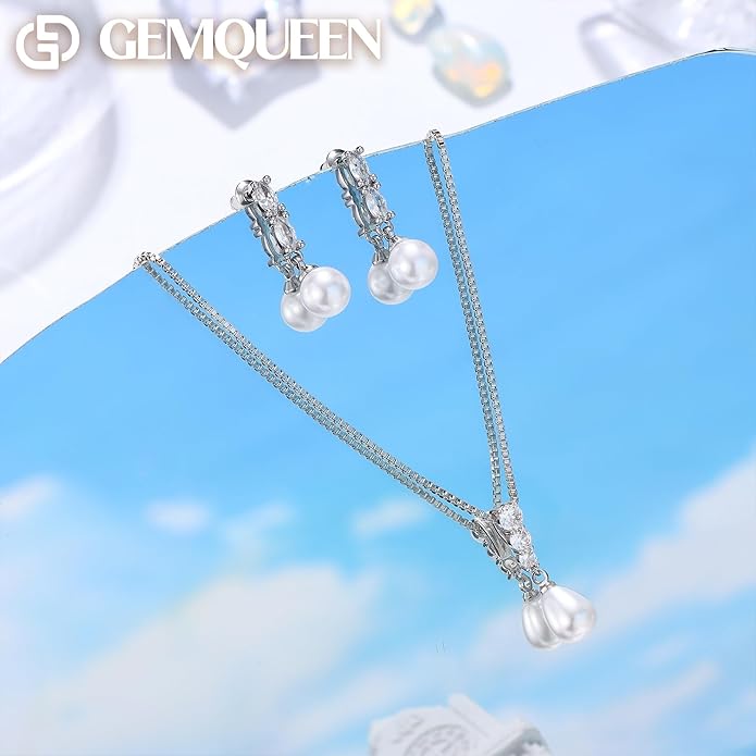 14K Gold Plated Pearl Jewelry Set for Women - 925 Sterling Silver Post Dangle Earrings Dainty Pearl Necklace Bracelet Wedding Jewelry Sets for Bride Bridesmaid CZ Costume Accessories Trendy