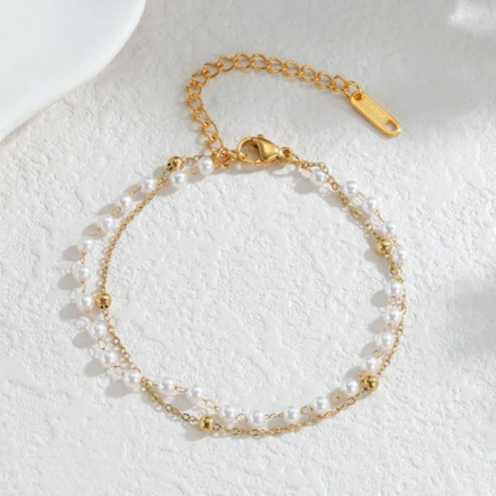 Solza 2 Layer Gold Plated Bracelet – Stainless Steel Adjustable Layered Chain with 3mm Beads, 18K Gold Plated Non Tarnish Jewelry for Women, Elegant Beaded Bracelet Stack for Everyday Wear