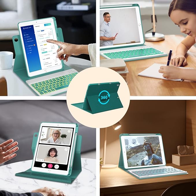 OYEEICE for iPad 9th Generation Case with Keyboard - Detachable Backlit Keyboard - 360 Rotatable Cover with Pencil Holder for iPad 9th/8th/7th Gen, iPad Air 3rd Gen & iPad Pro 10.5" - Teal
