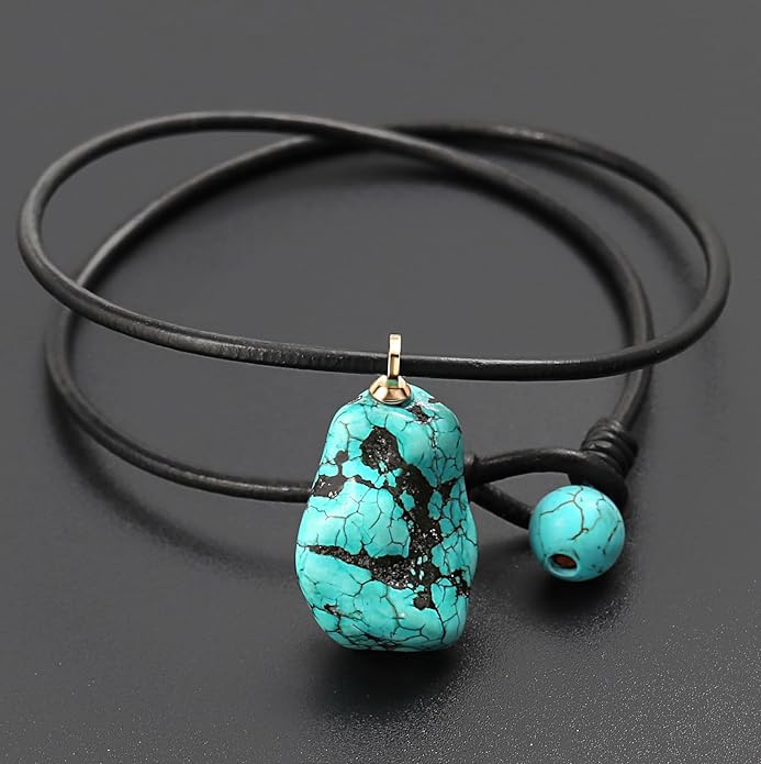 7 Chakra Gemstone Healing Crystals Necklace - Copper Wire Wrapped Natural Unisex Hippie Leather Choker