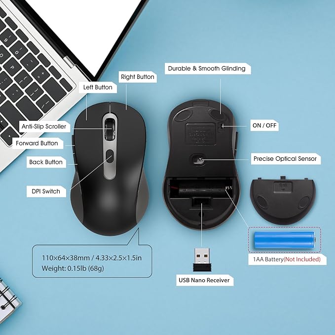 Wireless Mouse for Laptop, PC, Chromebook, Mac, MacBook, Silent Wireless Mouse with USB Nano Receiver, Side Button, 2400 DPI, Anti Slip Roller, 6 Button Ergonomics Cordless Computer Mice - Black Gray