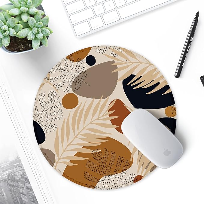 ITNRSIIET Round Mouse Pad with Stitched Edge Premium-Textured Waterproof Non-Slip Rubber Base Desktop Protection Mat Diameter 8.7 inches, Abstract Modern Leaves