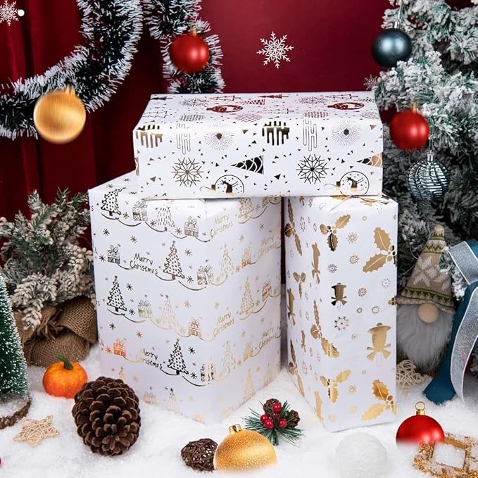Linnoptimix Christmas Wrapping Paper Rolls -3 LARGE ROLL-27inch*78 inch per roll Colorful Foil White Gold wrapping paper(Christmas 3 White/Gold(002))