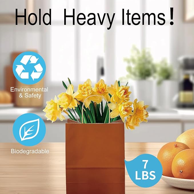BAG BOX 100 Pack 5.9x3.1x8.25 Inch Orange Gift Bags with Handles,Bulk Kraft Paper Bags for Shopping, Retail, Merchandise, Wedding, Party Favors, Paper Grocery Sacks