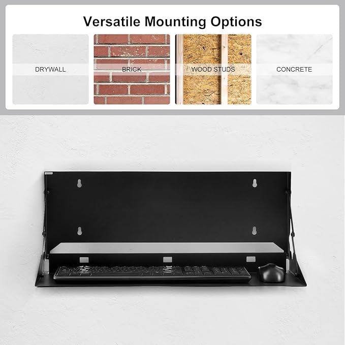 1 Pcs 24 Inch Keyboard Wall Mount Foldable Fits Standard Computer Keyboard Mouse Stand Tray Organizer for Small Offices Apartments, Easy Installation with 4 Screws (Black)