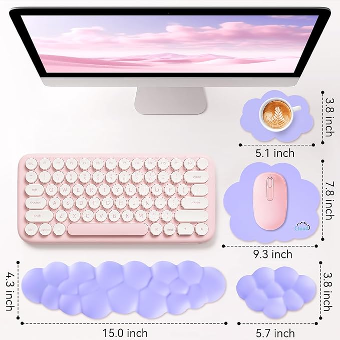 Cloud Wrist Rest for Computer Keyboard, 4-in-1 Memory Foam Leather Cloud Keyboard Wrist Rest and Mouse Pad Set with Ergonomic Support for Arm and Palm Cushion, Gaming/Work Setup, Purple