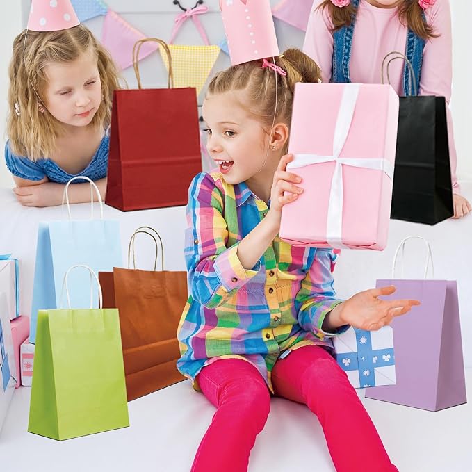 BAG BOX 25 Pack 8.25x4.3x10.6 Inch Green Gift Bags with Handles,Bulk Kraft Paper Bags for Shopping, Retail, Merchandise, Wedding, Party Favors, Paper Grocery Sacks