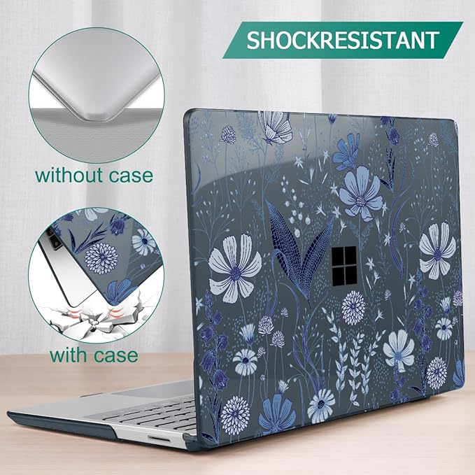 Tuiklol Case for 15 Inch Microsoft Surface Laptop 5/4/3 2022-2020, Model 1979/1953/1872/1873 Hard Shell Cover, Keyboard Cover+Screen Protector+Dust Plugs,Blue Line Floral