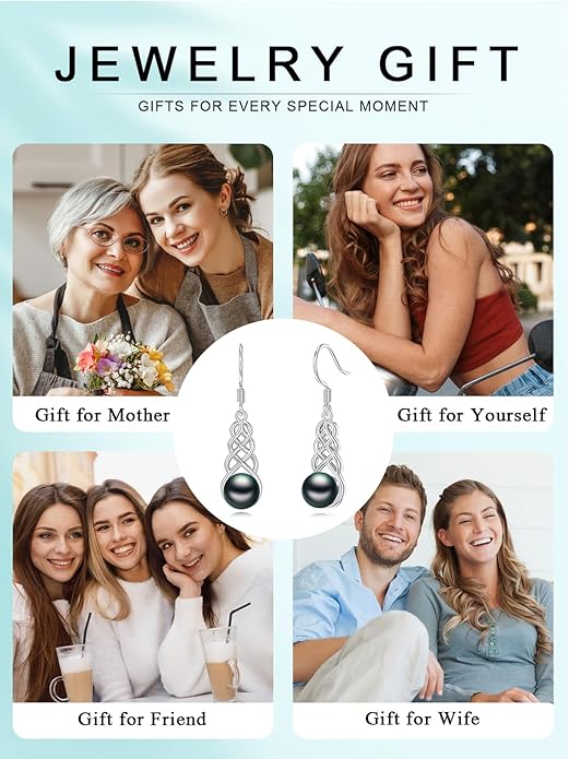 Tahitian Black Pearl Earrings Gifts for Women Wife Celtic Dangle Drop Earrings Wedding Birthday Anniversary Jewelry Valentines Christmas Day Gifts 925 Sterling Silver