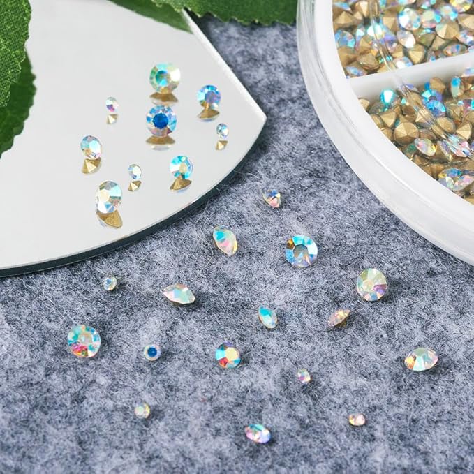 Fashewelry 1782pcs Pointed Back Faceted Glass Rhinestones 2mm/3mm/4mm Crystal AB Diamond Loose Stones with Gold Back for DIY Jewelry Making Replacement