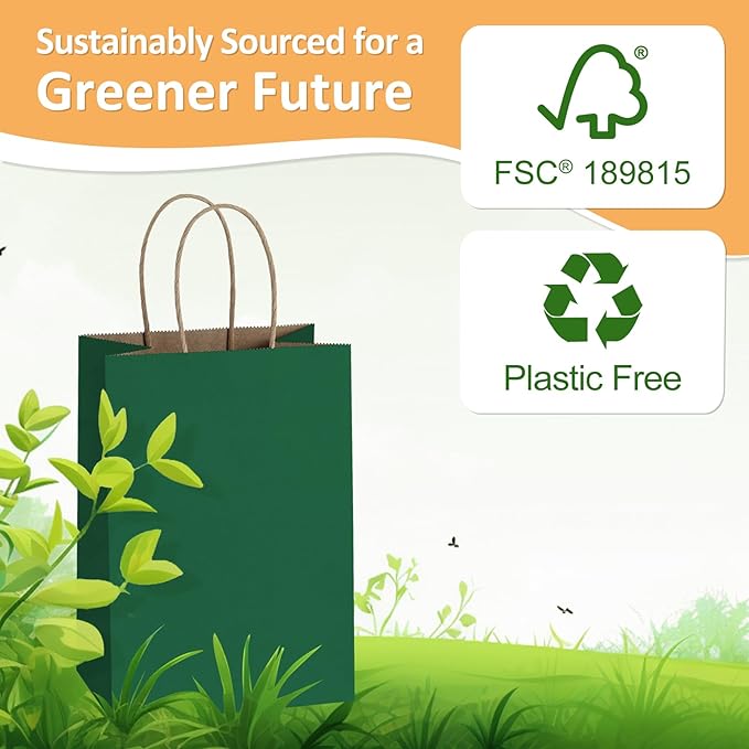 BagDream Forest Green Gift Bags with Handles Bulk 5.25x3x8 Inch 100Pcs Small Kraft Paper Bags for Christmas, Thanksgiving, Craft, Party Favors, Retail, Grocery, Recyclable