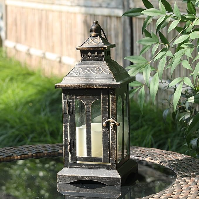 DECORKEY Candle Lantern Decorative Indoor & Outdoor, Christmas Vintage Metal Hanging Lanterns Decor for Front Porch Home Patio Wedding Party, Halloween Decorations (Black with Copper Brush)