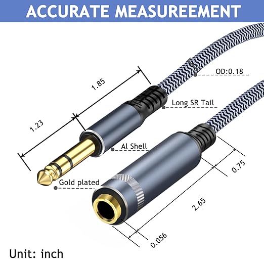 1/4" Male to Female Stereo Headphone Extension Cable - 30ft Quarter Inch Guitar Cable