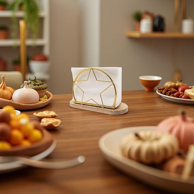 AIM & GGKK Gold Napkin Holder for Table with Wooden Base - Geometric Metal Wire Paper Napkin Holder, Modern Restaurant & Home Dining Accessories (6.14" L x 3.94" H)