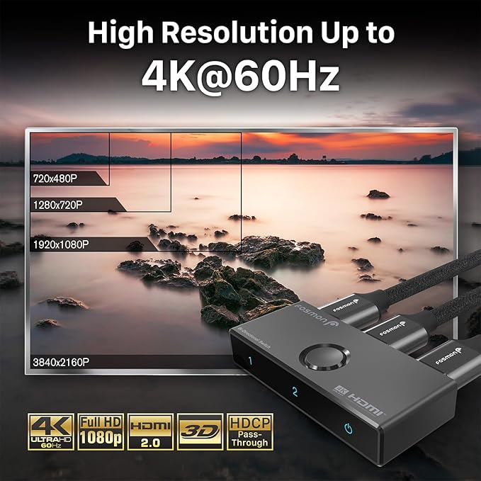 Fosmon 4K HDMI Switch 4K@60Hz, Bi-Directional 1 in 2 Out / 2 in 1 Out HDMI Switcher, High Speed 18Gbps Splitter Selector Compatible with PS5, PS4, Xbox, Roku, Apple TV, Fire Stick
