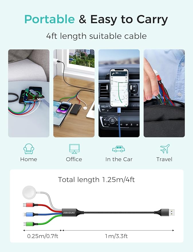 Upgraded Travel Essentials for Apple Watch Charger 4 in 1 Multi Charging Cable iWatch Charger Camping Essentials USB C/L/Micro Compatible with iWatch Series 10-1/SE/iPhone 16 15/Galaxy Android-4FT