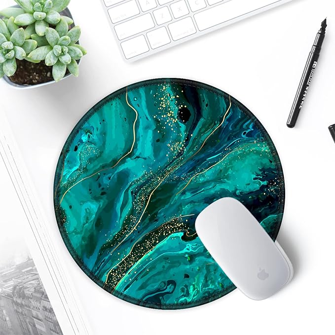 ITNRSIIET Round Mouse Pad with Stitched Edge Premium-Textured Waterproof Non-Slip Rubber Base Desktop Protection Mat Diameter 8.7 inches, Green Marble