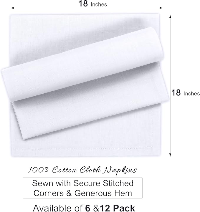 Ruvanti Premium Cloth Napkins Set of 12, 18x18 Inches, 100% Cotton, Washable, Soft & Absorbent, Perfect for Wedding, Christmas, Thanksgiving Dinners - White