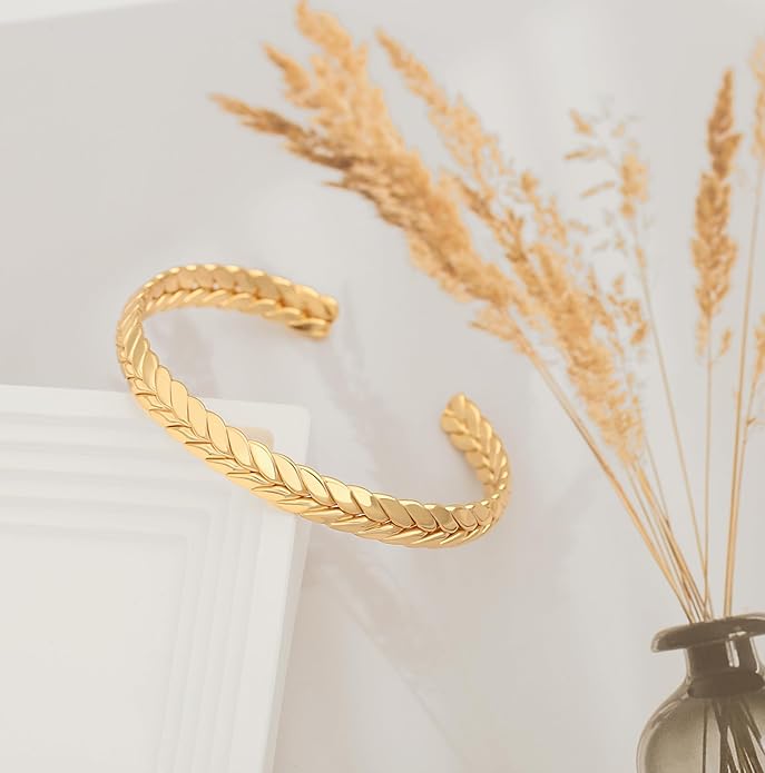 PERNNLA PEARL Dainty Gold Bar Bracelet for Women Simple Delicate Thin Cuff Bangle Hook Bracelet 18K Gold Plated Handmade Minimalist Jewelry