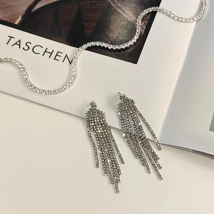 Tennis Necklace Bracelet for Women, Dainty Sterling Sliver Choker Necklace Crystal Link Bracelet Stud Earrings for Women Wedding Jewelry for Bride Jewelry Set Accessories