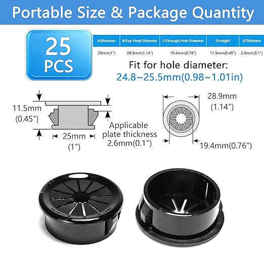 25 Pcs Cable Grommet, Snap Bushing 1" (25 mm) Mounting Diameter, Flexible Petal-Shaped Buckle Round Nylon Desk Grommet for Wires Through Countertop Cord Organizer and Protection, Black