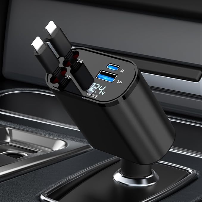 Retractable Car Charger Compatible with iPhone 16, 4 in 1 Fast Charging 60W, Car iPhone Charger with Car Retractable Cable and 2 USB Ports for iPhone 15 14 13 12