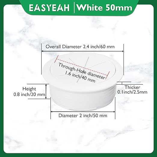 2 Pcs Desk Grommet 2" / 50 mm, Desk Hole Cover for Cables White, Cable Grommet ABS Plastic, Desk Hole Grommet for Home & Office Pc, Detachable Cable Cord Organizer