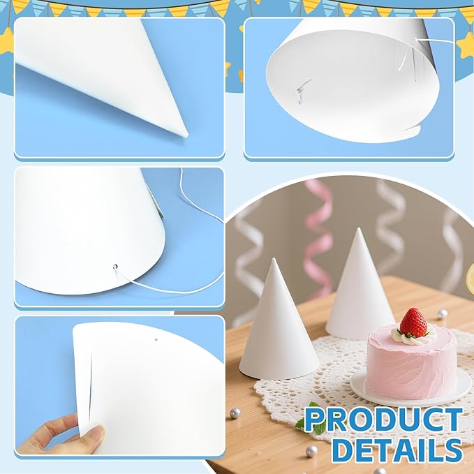 White Paper Party Hats for Kids Birthday,Decorative Bulk Cone Crafts for Adults Art DIY, Halloween Supplies(20/40/60)