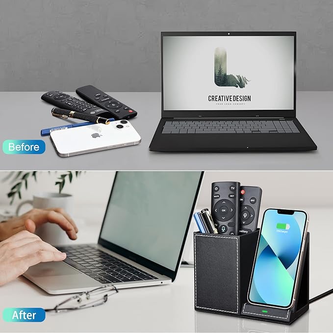 Wireless Charger with Desk Organizer, Wireless Charging Station for iPhone 13/13 Pro Max/13 Pro/12 Series/11/XS Max/XR/X/8Plus/SE 2, Wireless Charging Stand with Leather… (Black S)
