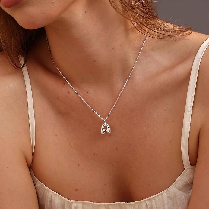 Bubble Gold Silver Letter Necklace Initial Necklaces for Women Trendy 14K Dainty Charm Pendant Name Necklace Personalized Jewelry Gift for Women Teen