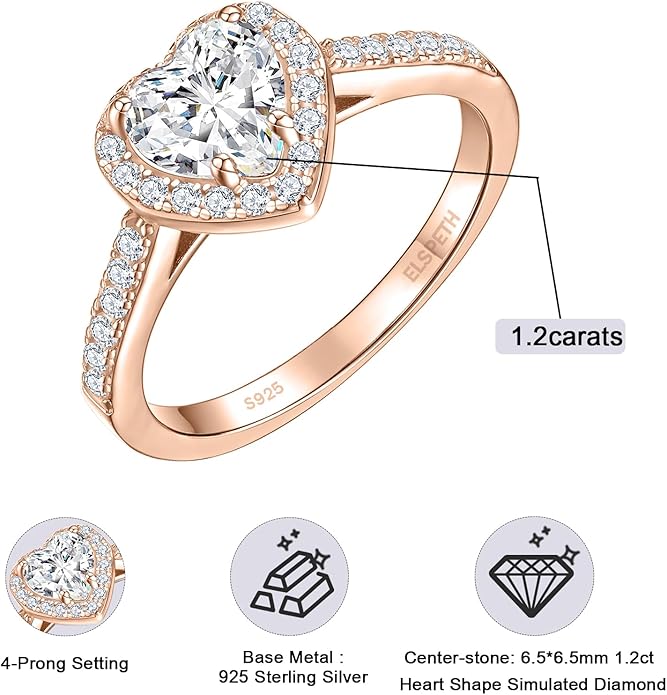 Elspeth 925 Sterling Silver Heart Engagement Ring for Women Heart Cut Cubic Zirconia Promise Ring Size 4-10